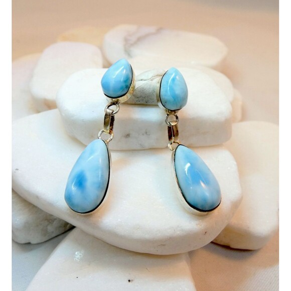 Larimar Sterling Silver Earrings Natural Vintage Blue Dolphin Stone Pectolite - Picture 1 of 6